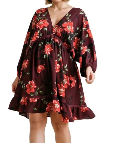 Umgee Floral Print Balloon Sleeve Dress In Plum
