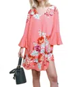 Umgee Floral Print Bell Sleeve Mini Dress In Salmon In Multi