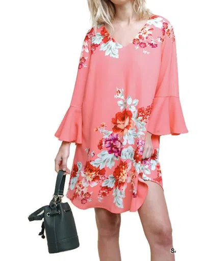 Umgee Floral Print Bell Sleeve Mini Dress In Salmon In Pink