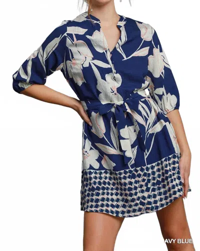 Umgee Floral Print Belted Mini Dress In Blue