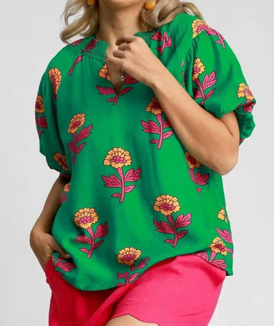 Umgee Floral Print Blouse In Green