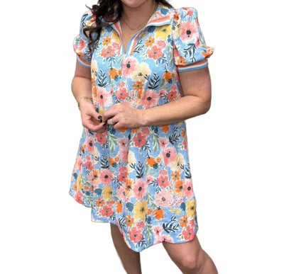Umgee Floral Print High Neck Mini Dress In Pink & Blue