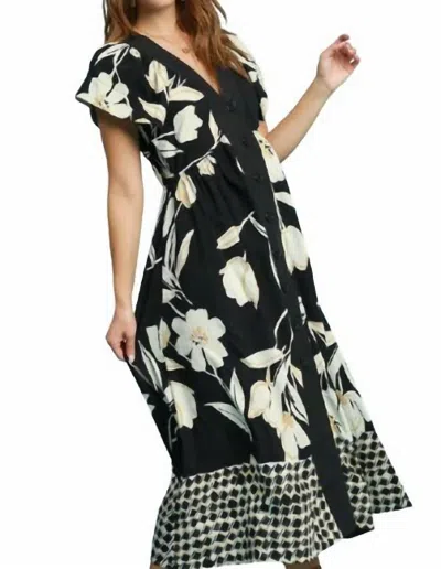Umgee Floral Print Midi Dress In Black/white