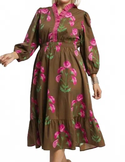 Umgee Floral Print Midi Dress In Brown Mix In Multi