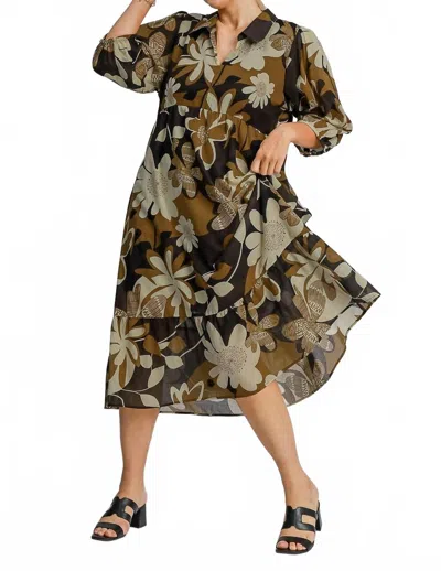 Umgee Floral Print Midi Dress In Camel Mix In Multi
