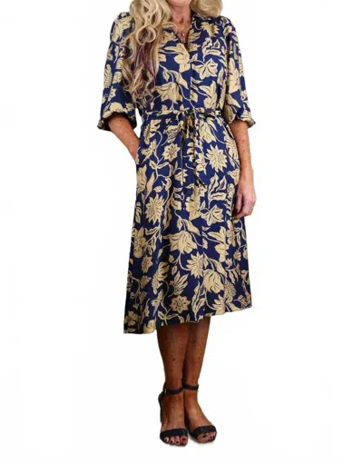 Umgee Floral Print Midi Dress With Waist Tie In Navy Mix In Blue