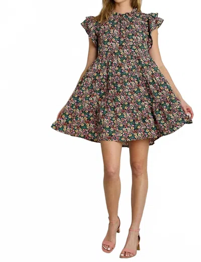 Umgee Floral Print Mini Dress In Navy In Brown