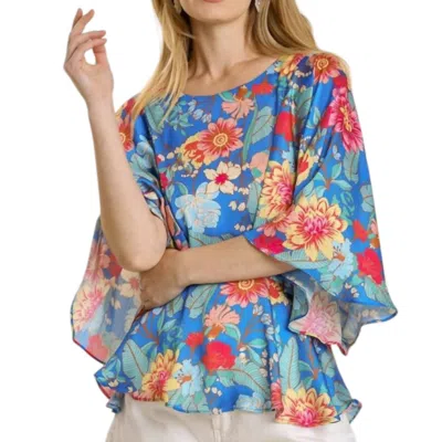 Umgee Floral Print Peplum Top In Cobalt In Blue