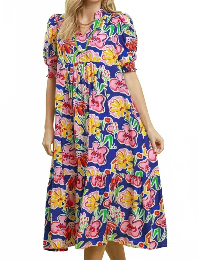 Umgee Floral Print Puff Sleeve Tiered Midi Dress In Blue Multi