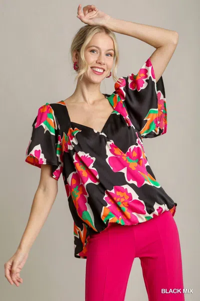 Umgee Floral Print Surplice Short Sleeve Wrap Top In Black Mix In Multi