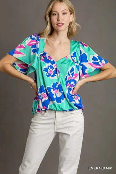 Umgee Floral Print Surplice Short Sleeve Wrap Top In Emerald Mix In Animal Print