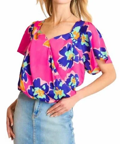 Umgee Floral Print Surplice Wrap Top In Hot Pink Mix