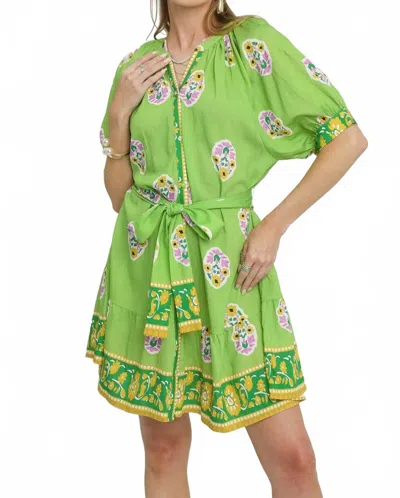 Umgee Floral Print Tie Waist Short Sleeve Dress In Neon Green