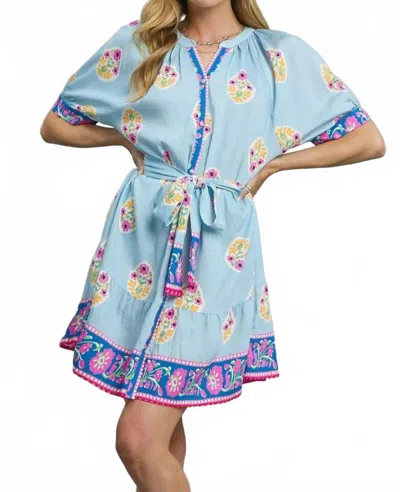 Umgee Floral Print Tie Waist Short Sleeve Dress In Pastel Blue