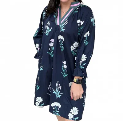 Umgee Floral Print Tunic Dress With Contrast Trim In Midnight Navy In Blue