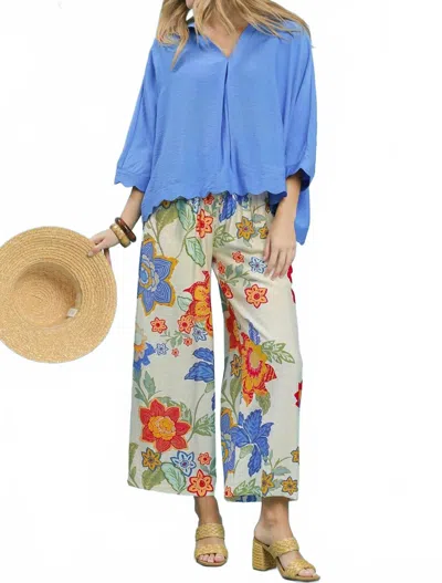 Umgee Floral Print Wide Leg Crop Pants In Cream In Blue