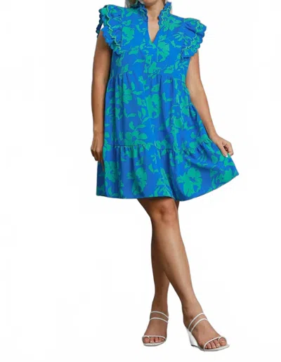 Umgee Floral Print With Scalloped Edges Mini Dress - Plus In Azure Blue