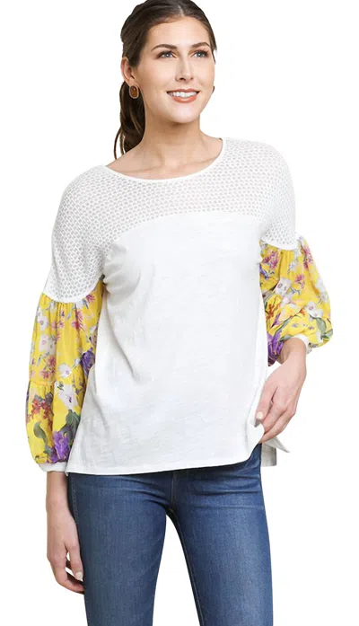 Umgee Floral Puff Sleeve Knit Top In Off White