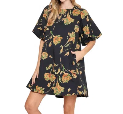 Umgee Floral Puff Sleeve Mini Dress In Black