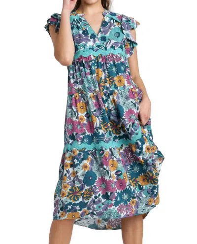 Umgee Floral Ric Rac Midi Dress In Jade In Blue