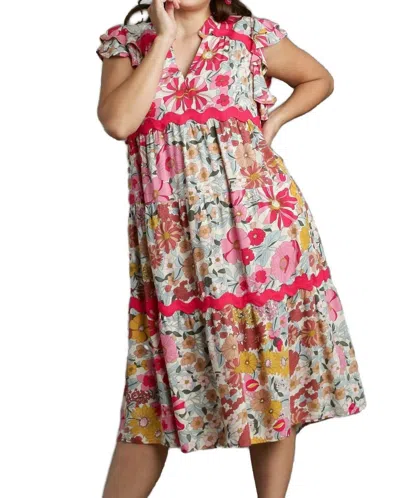 Umgee Floral Ric Rac Midi Dress In Rose In Multi
