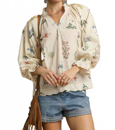 Umgee Floral Ruffle Neck Blouse In Cream In Brown