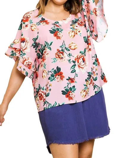 Umgee Floral Ruffle Sleeve Blouse - Plus In Blush In Pink