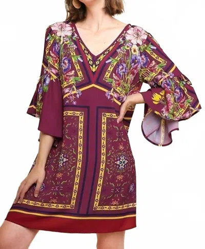 Umgee Floral Ruffle Sleeve Dress In Magenta In Purple