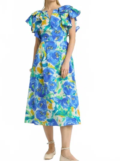 Umgee Floral Ruffle Sleeve Midi Dress In Blue