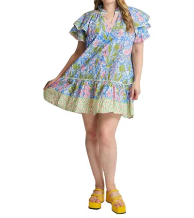 Umgee Floral Ruffle Sleeve Tunic Dress In Blue
