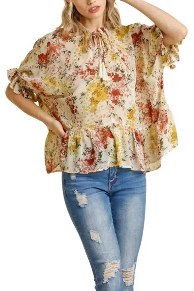Umgee Floral Ruffle Tiered Top In Natural Mix In Multi