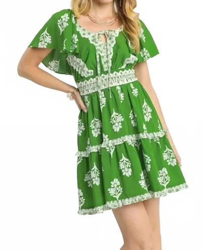 Umgee Floral Ruffle Trim Tiered Mini Dress In Green In Multi