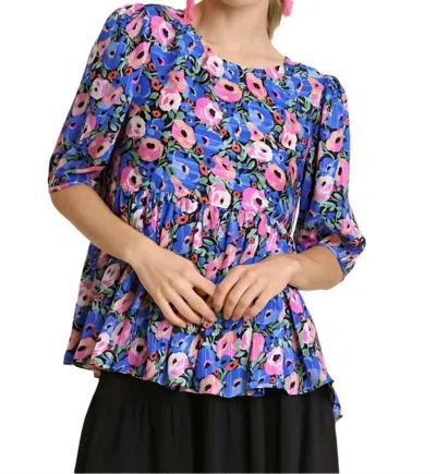 Umgee Floral Short Sleeve Top In Blue In Multi