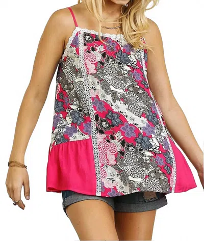 Umgee Floral Spaghetti Strap Lace Tank Top In Fuchsia In Pink