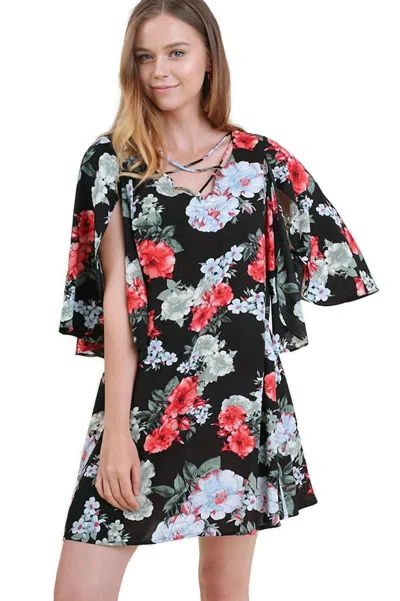 Umgee Floral Split Bell Sleeve Dress In Black In Multi