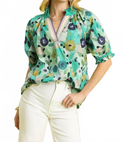 Umgee Floral Split Neck Puff Sleeve Top In Jade In Multi