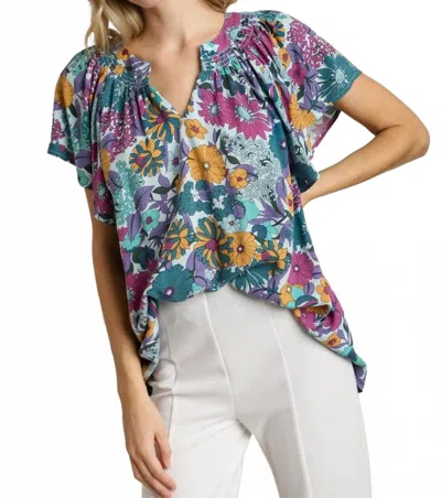 Umgee Floral Split Neck Top In Jade In Multi