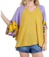 Umgee Floral Split Sleeve Color Block Top In Goldenrod In Gold