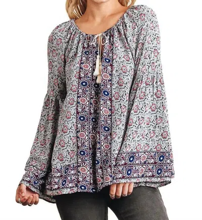 Umgee Floral Tassel Tie Peasant Top In Purple Mix In Gray