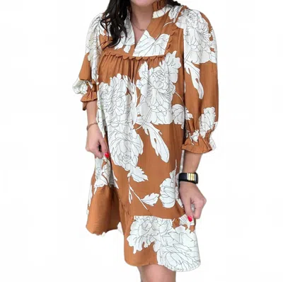 Umgee Floral Tiered Babydoll Dress In Brown And Cream