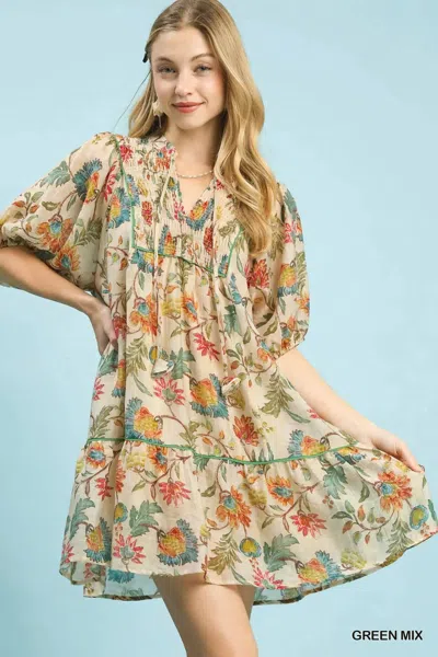 Umgee Floral Tiered Babydoll Dress In Green Mix In Transparent