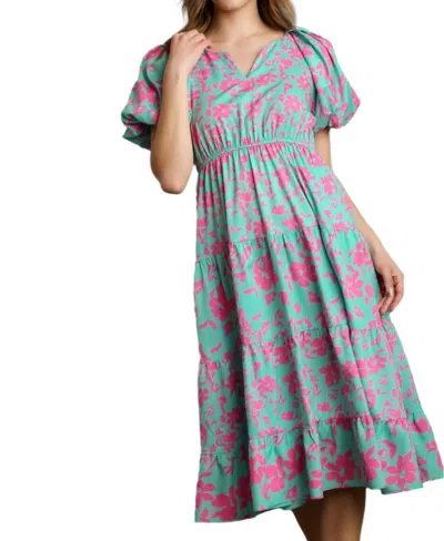 Umgee Floral Tiered Pocket Midi Dress In Mint & Pink In Multi