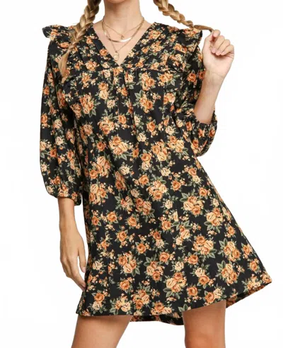 Umgee Floral V Neck Mini Dress In Black Mix