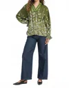 Umgee Floral Vine Print Split Neck Top With Balloon Sleeves In Olive In Green