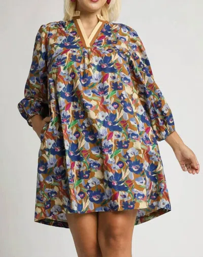 Umgee Floral V-neck Balloon Sleeve Dress In Brown