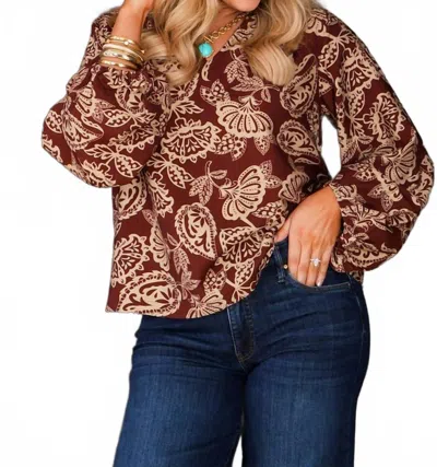 Umgee Floral V-neck Woven Top In Brown In Burgundy