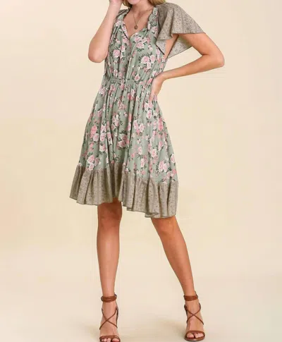 Umgee Flutter Sleeve Floral Mini Dress In Sage