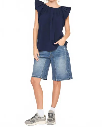 Umgee Flutter Sleeve Pleated Crew Neck Blouse In Navy In Blue