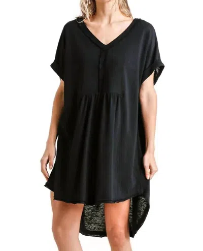 Umgee Folded Sleeve Frayed Edge Mini Dress In Black