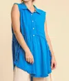 Umgee Frayed Sleeveless Tunic Top In Ocean Blue